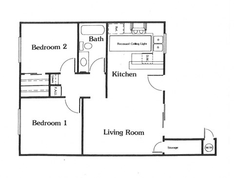 Floor plan for 2 beds, 1 bath, 715 sqft
